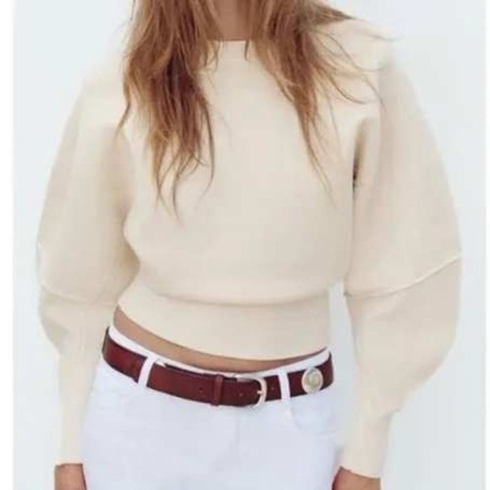 Zara Sweater Womens Small Cream Balloon Sleeve Cropped Ribbed Knit Pullover